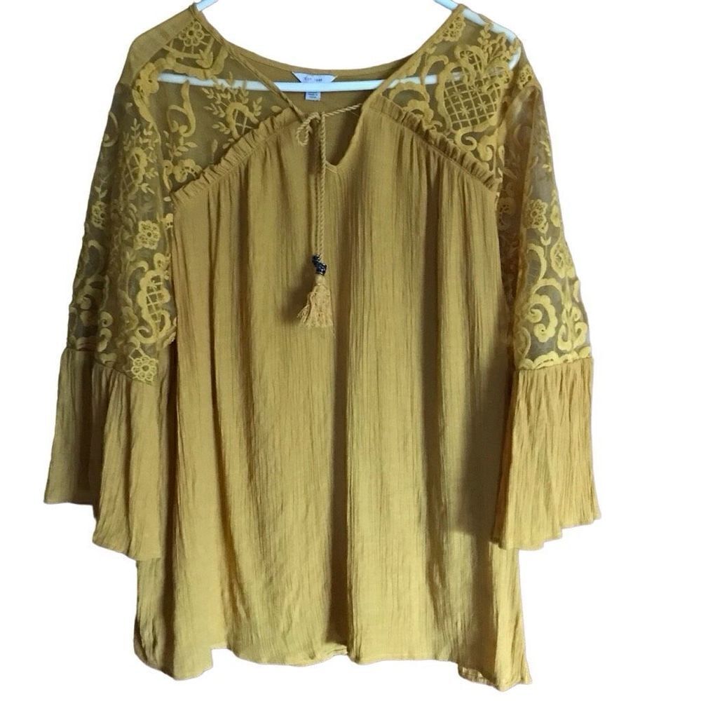C est. 1946 Cato plus size top blouse 22/24 yellow lace semi sheer 3/4 bell slee
